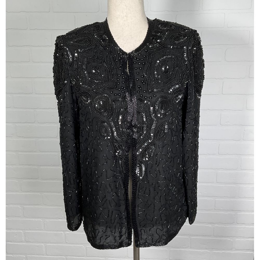 Papell‎ Boutique Evening Jacket Women S Black Silk All Over Bead Sequin Formal